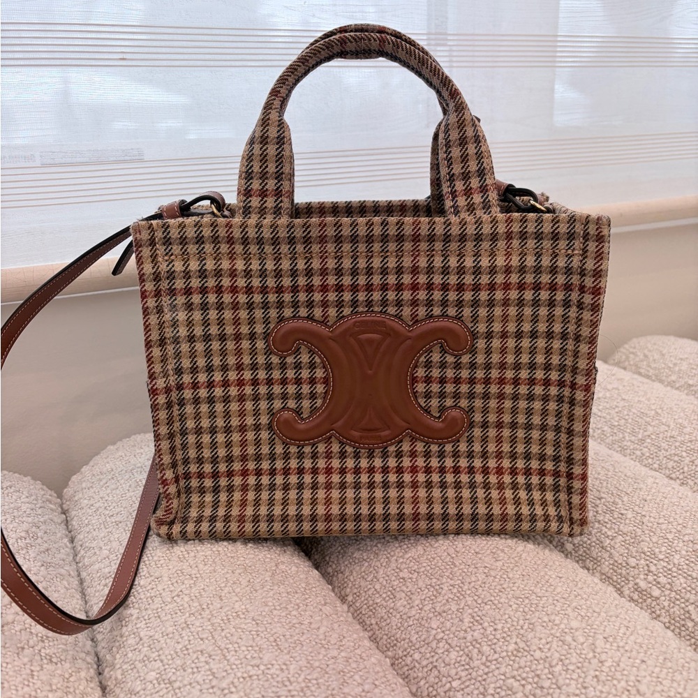 Celine Checkered Tote with Brown leather Details